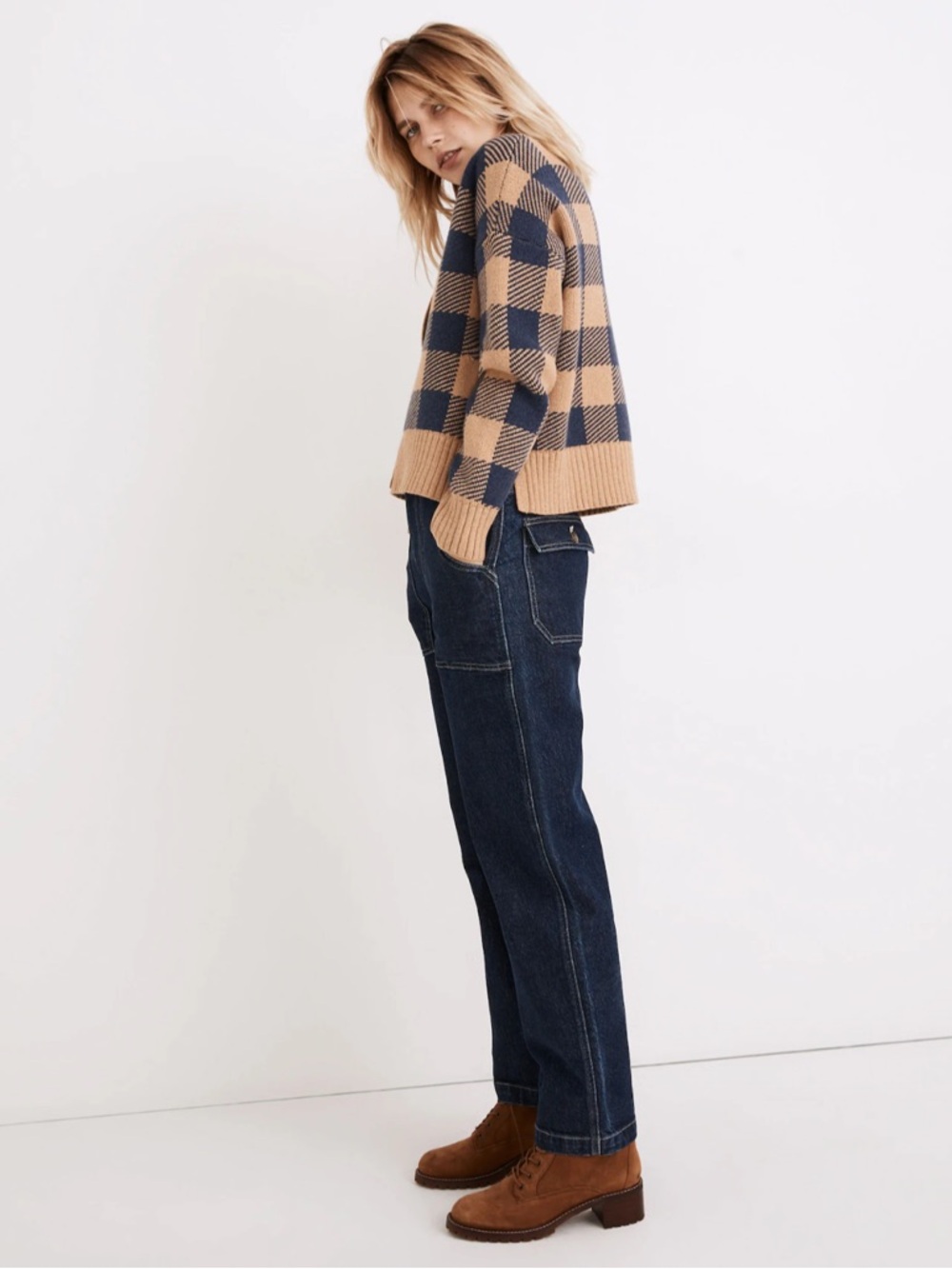 Madewell Bayberry Button-Front Cardigan in Navy & Tan Buffalo Check Cabincore - Picture 2 of 13